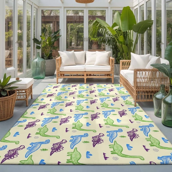 Rectangle Rug 5x7ft Area Rug, Cartoon Blue Green Purple Dinosaur Area Rugs for Living Room Bedroom, Animal Sketch Hill on Yellow Floor Mat Non-Slip Non-Shedding Carpet Indoor Accent Rugs