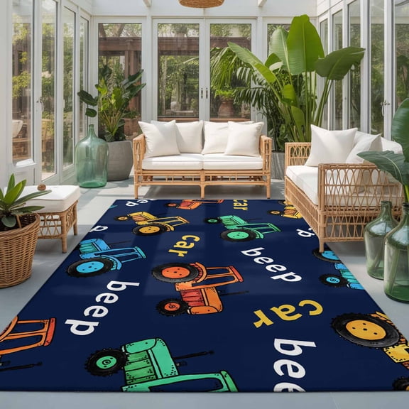 Rectangle Rug 5x7ft Area Rug, Cartoon Car Blue Green Yellow Area Rugs for Living Room Bedroom, Cute Truck Excavator Tractor Floor Mat Non-Slip Non-Shedding Carpet Indoor Accent Rugs