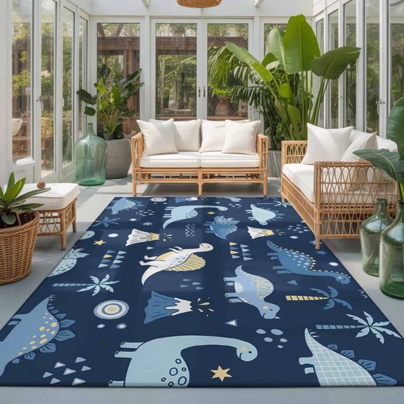 Rectangle Rug 5x7ft Area Rug, Cartoon Dinosaurs Geometric Area Rugs for Living Room Bedroom, Cute Animal on Deep Blue Floor Mat Non-Slip Non-Shedding Carpet Indoor Accent Rugs
