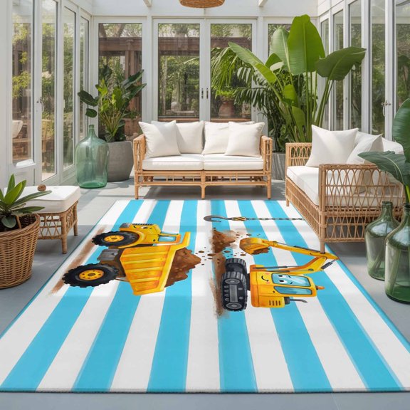 Rectangle Rug 5x7ft Area Rug, Cartoon Excavator Ground Truck Area Rugs for Living Room Bedroom, Cute Mini Car Blue Stripes Floor Mat Non-Slip Non-Shedding Carpet Indoor Accent Rugs