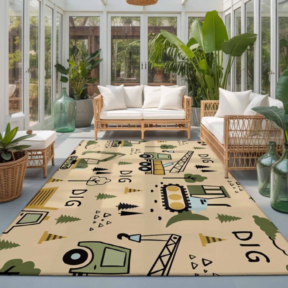 Rectangle Rug 5x7ft Area Rug, Cartoon Tractor Brown Digger Shovel Area Rugs for Living Room Bedroom, Cute Truck Car Themed Floor Mat Non-Slip Non-Shedding Carpet Indoor Accent Rugs