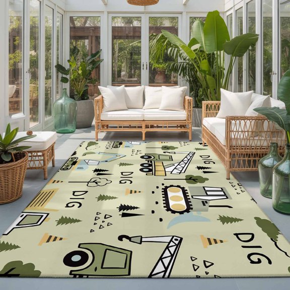 Rectangle Rug 5x7ft Area Rug, Cartoon Tractor Green Digger Shovel Area Rugs for Living Room Bedroom, Cute Truck Car Themed Floor Mat Non-Slip Non-Shedding Carpet Indoor Accent Rugs