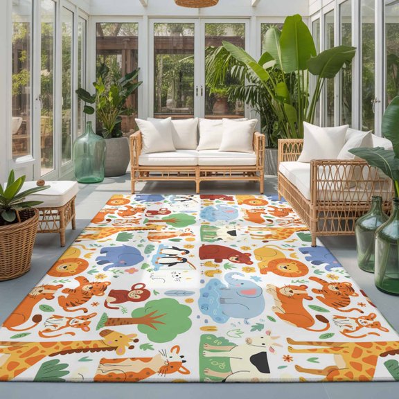 Rectangle Rug 5x7ft Area Rug, Cartoon Watercolor Zoo Animals Area Rugs for Living Room Bedroom, Cute Lion Tiger Monkey Bear Floor Mat Non-Slip Non-Shedding Carpet Indoor Accent Rugs