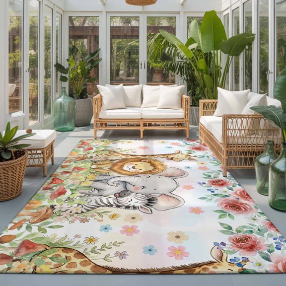 Rectangle Rug 5x7ft Area Rug, Children's Day Lions Elephants Area Rugs for Living Room Bedroom, Red Rose Zebras Giraffes Floor Mat Non-Slip Non-Shedding Carpet Indoor Accent Rugs