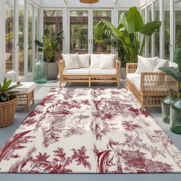 Rectangle Rug 5x7ft Area Rug, Chinese Style Asian Scenic Garden Area Rugs for Living Room Bedroom, Chinoiserie Retro Landscape Floor Mat Non-Slip Non-Shedding Carpet Indoor Accent Rugs