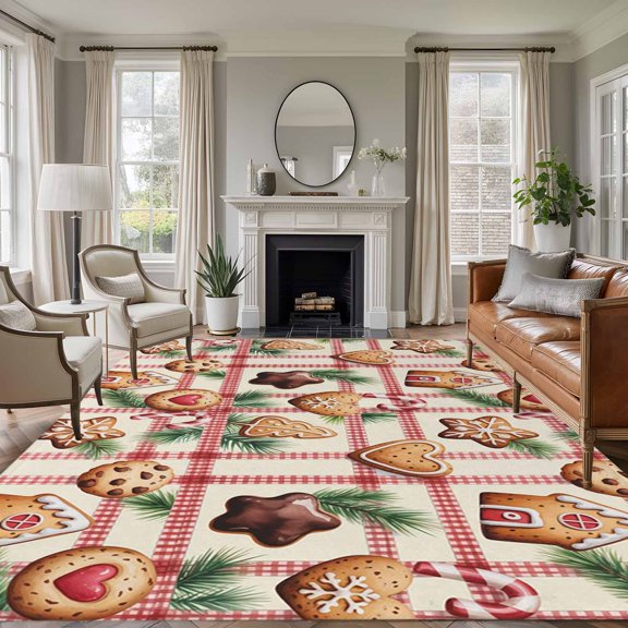 Rectangle Rug 5x7ft Area Rug, Christmas Cookies Candy Canes Area Rugs for Living Room Bedroom, Winter Pine Tree Floor Mat Non-Slip Non-Shedding Carpet Indoor Accent Rugs