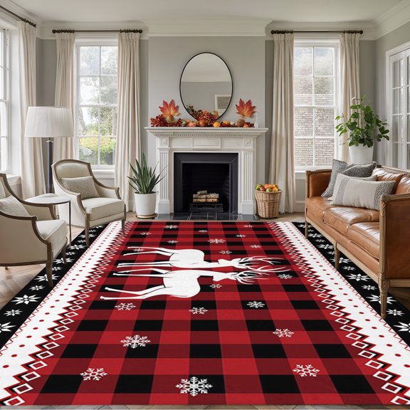 Rectangle Rug 5x7ft Area Rug, Christmas Deer Winter Snowflake Area Rugs for Living Room Bedroom, Retro Buffalo Check Geometric Floor Mat Non-Slip Non-Shedding Carpet Indoor Accent Rugs