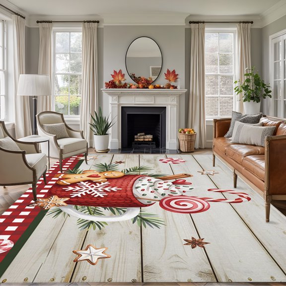 Rectangle Rug 5x7ft Area Rug, Christmas Gingerbread Man on Wooden Area Rugs for Living Room Bedroom, Xmas Red Plaid Snowflake Floor Mat Non-Slip Non-Shedding Carpet Indoor Accent Rugs