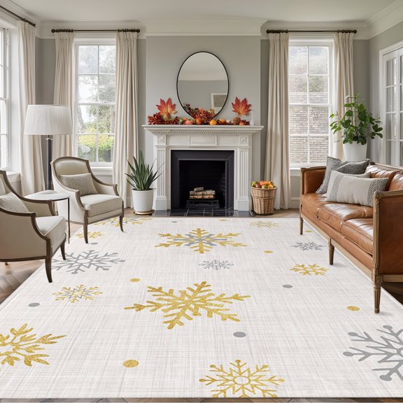Rectangle Rug 5x7ft Area Rug, Christmas Gold Snowflake Retro Linen Area Rugs for Living Room Bedroom, Winter Falling Snow Floor Mat Non-Slip Non-Shedding Carpet Indoor Accent Rugs