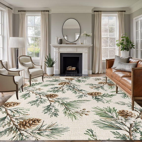 Rectangle Rug 5x7ft Area Rug, Christmas Pinecone Pine Needle Area Rugs for Living Room Bedroom, Tree Branch on Burlap Floor Mat Non-Slip Non-Shedding Carpet Indoor Accent Rugs