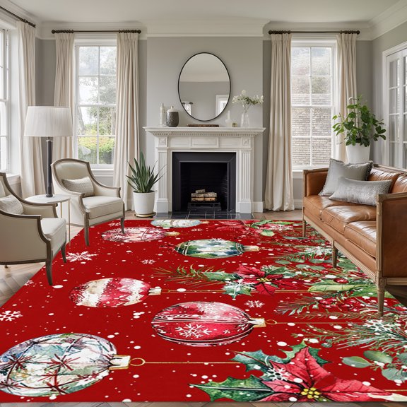 Rectangle Rug 5x7ft Area Rug, Christmas Poinsettia Bells on Red Area Rugs for Living Room Bedroom, Snowflake Berry Fir Leaves Floor Mat Non-Slip Non-Shedding Carpet Indoor Accent Rugs