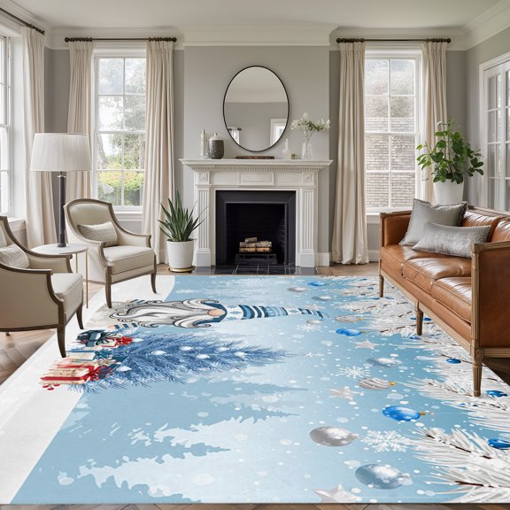 Rectangle Rug 5x7ft Area Rug, Christmas Tree Gnome Xmas Bell Blue Area Rugs for Living Room Bedroom, Winter Snow Fir Floor Mat Non-Slip Non-Shedding Carpet Indoor Accent Rugs
