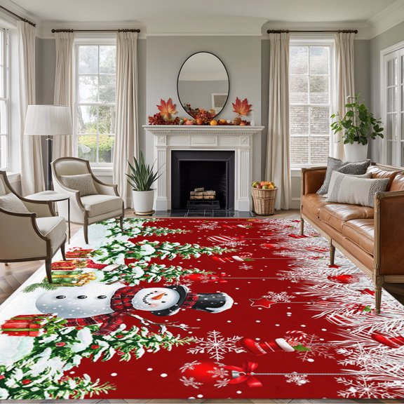 Rectangle Rug 5x7ft Area Rug, Christmas Tree Snowman Area Rugs for Living Room Bedroom, Winter Snowflake Fir Leaf on Red Floor Mat Non-Slip Non-Shedding Carpet Indoor Accent Rugs