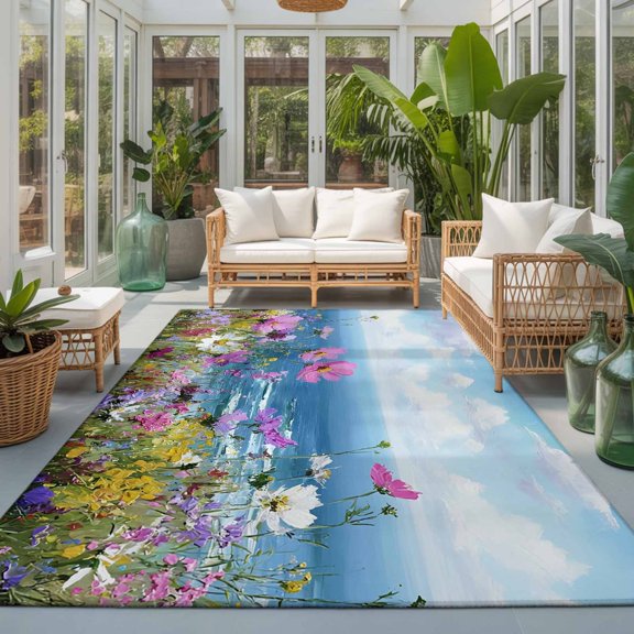 Rectangle Rug 5x7ft Area Rug, Coastal Watercolor Wildflowers Area Rugs for Living Room Bedroom, Blue Sky White Clouds Floor Mat Non-Slip Non-Shedding Carpet Indoor Accent Rugs