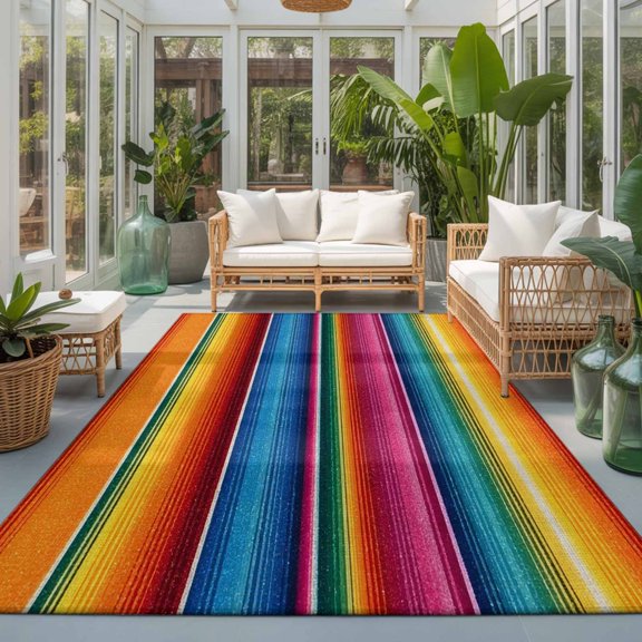 Rectangle Rug 5x7ft Area Rug, Colorful Mexican Stripe Area Rugs for Living Room Bedroom, Rainbow Line Watercolor Floor Mat Non-Slip Non-Shedding Carpet Indoor Accent Rugs
