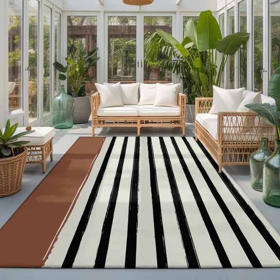 Rectangle Rug 5x7ft Area Rug, Country Black Stripe Brown Block Area Rugs for Living Room Bedroom, Vintage Minimalist Style Floor Mat Non-Slip Non-Shedding Carpet Indoor Accent Rugs