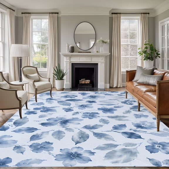 Rectangle Rug 5x7ft Area Rug, Country Blue Wildflowers Area Rugs for Living Room Bedroom, Romantic Mood Floral Art Floor Mat Non-Slip Non-Shedding Carpet Indoor Accent Rugs