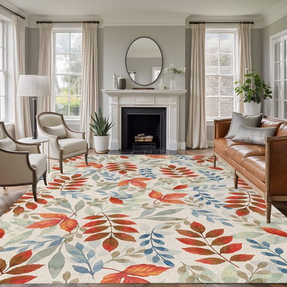 Rectangle Rug 5x7ft Area Rug, Country Fall Leaves Maple Leaf Area Rugs for Living Room Bedroom, Retro Farmhouse Botanical Floor Mat Non-Slip Non-Shedding Carpet Indoor Accent Rugs
