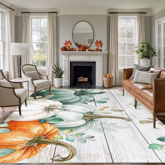 Rectangle Rug 5x7ft Area Rug, Country Thanksgiving Pumpkin Area Rugs for Living Room Bedroom, Ombre Leaves Retro Grain Floor Mat Non-Slip Non-Shedding Carpet Indoor Accent Rugs