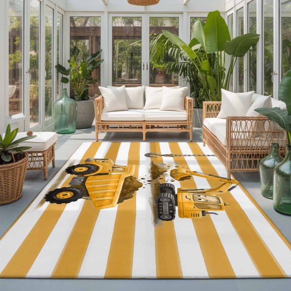 Rectangle Rug 5x7ft Area Rug, Cute Mini Car Ground Truck Excavator Area Rugs for Living Room Bedroom, Yellow Striped Floor Mat Non-Slip Non-Shedding Carpet Indoor Accent Rugs
