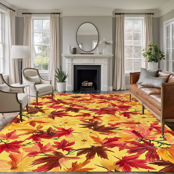 Rectangle Rug 5x7ft Area Rug, Fall Maple Leaf Area Rugs for Living Room Bedroom, Autumn Orange Yellow Red Brown Leaves Floor Mat Non-Slip Non-Shedding Carpet Indoor Accent Rugs