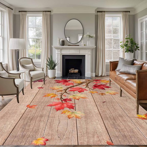 Rectangle Rug 5x7ft Area Rug, Fall Maple Leaf Wood Plank Area Rugs for Living Room Bedroom, Fallen Leaves Retro Wooden Floor Mat Non-Slip Non-Shedding Carpet Indoor Accent Rugs