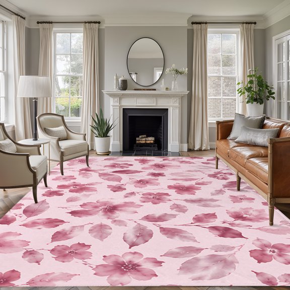 Rectangle Rug 5x7ft Area Rug, Farm Pink Wildflowers Area Rugs for Living Room Bedroom, Romantic Mood Floral Art Floor Mat Non-Slip Non-Shedding Carpet Indoor Accent Rugs