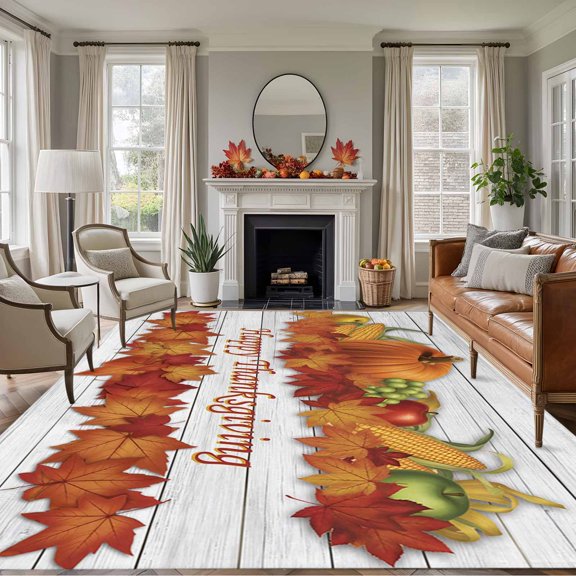 Rectangle Rug 5x7ft Area Rug, Farm Pumpkin Maple Leaf Corn Area Rugs for Living Room Bedroom, Fall Thanksgiving White Wood Floor Mat Non-Slip Non-Shedding Carpet Indoor Accent Rugs