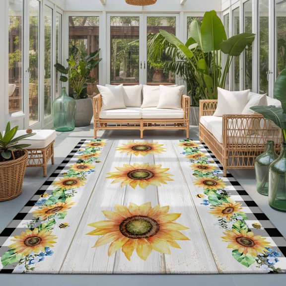 Rectangle Rug 5x7ft Area Rug, Farm Watercolor Sunflower on Wood Board Area Rugs for Living Room Bedroom, Rustic Buffalo Plaid Border Floor Mat Non-Slip Non-Shedding Carpet Indoor Accent Rugs