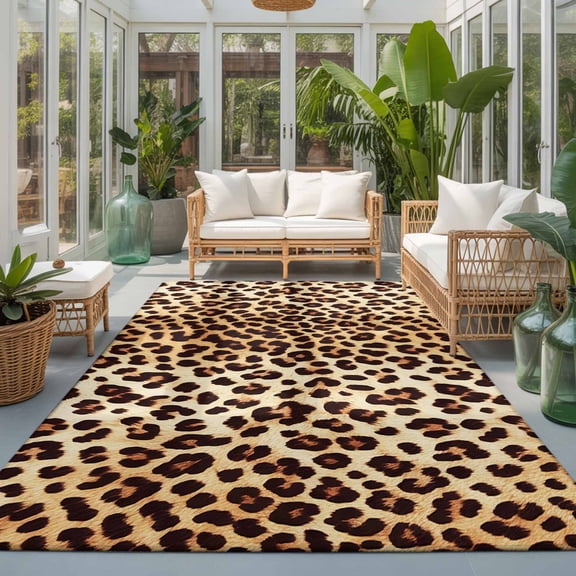 Rectangle Rug 5x7ft Area Rug, Farmhouse Brown Tan Leopard Print Area Rugs for Living Room Bedroom, Abstract Wild Animal Texture Floor Mat Non-Slip Non-Shedding Carpet Indoor Accent Rugs