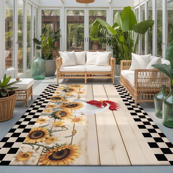 Rectangle Rug 5x7ft Area Rug, Farmhouse Chicken Retro Wood Board Area Rugs for Living Room Bedroom, Rustic Sunflower Checkered Floor Mat Non-Slip Non-Shedding Carpet Indoor Accent Rugs