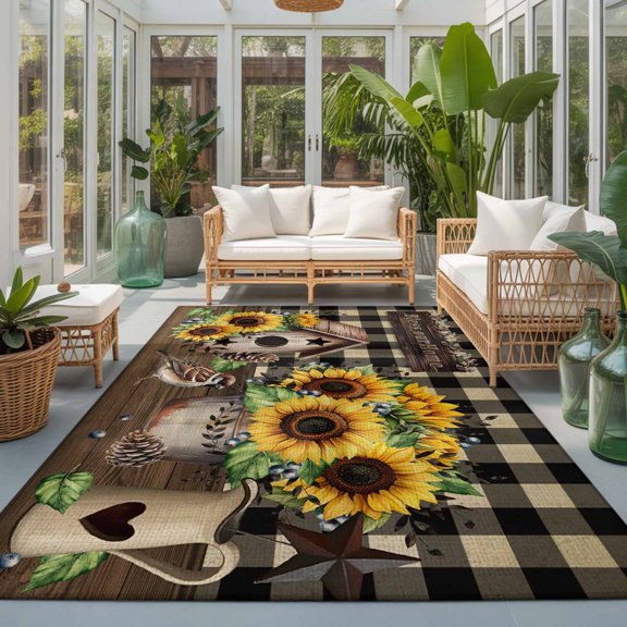 Rectangle Rug 5x7ft Area Rug, Farmhouses Sunflower Western Star Area Rugs for Living Room Bedroom, Retro Buffalo Plaid Plant Floor Mat Non-Slip Non-Shedding Carpet Indoor Accent Rugs