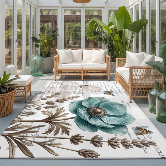 Rectangle Rug 5x7ft Area Rug, Floral Butterfly Retro Plant Area Rugs for Living Room Bedroom, Vintage Old Newspapers Floor Mat Non-Slip Non-Shedding Carpet Indoor Accent Rugs