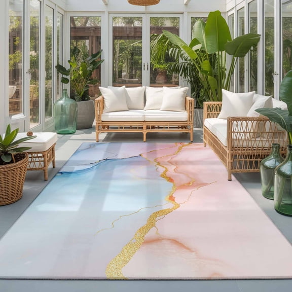Rectangle Rug 5x7ft Area Rug, Geometric Golden Wave Line Area Rugs for Living Room Bedroom, Abstract Pink Blue Art Floor Mat Non-Slip Non-Shedding Carpet Indoor Accent Rugs