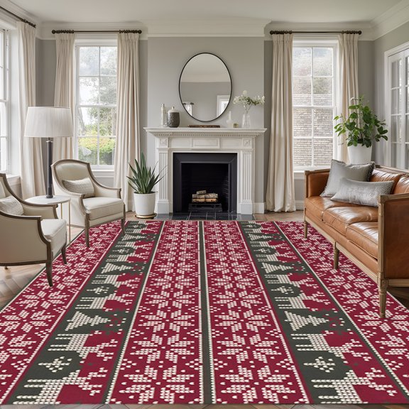 Rectangle Rug 5x7ft Area Rug, Geometric Knitting Winter Christmas Elk Area Rugs for Living Room Bedroom, Xmas Tree Floor Mat Non-Slip Non-Shedding Carpet Indoor Accent Rugs