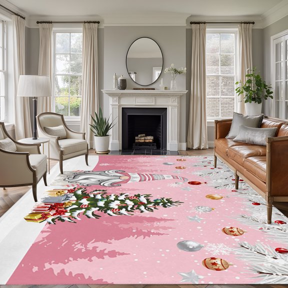 Rectangle Rug 5x7ft Area Rug, Gnome Christmas Tree Bell Snow Fir Area Rugs for Living Room Bedroom, Pink Floor Mat Non-Slip Non-Shedding Carpet Indoor Accent Rugs
