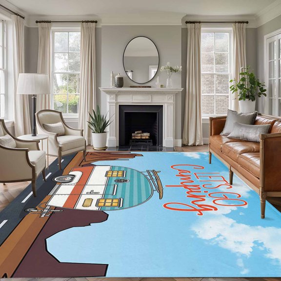 Rectangle Rug 5x7ft Area Rug, Let's Go Camping Words Area Rugs for Living Room Bedroom, Blue White Travel Camper Van Floor Mat Non-Slip Non-Shedding Carpet Indoor Accent Rugs