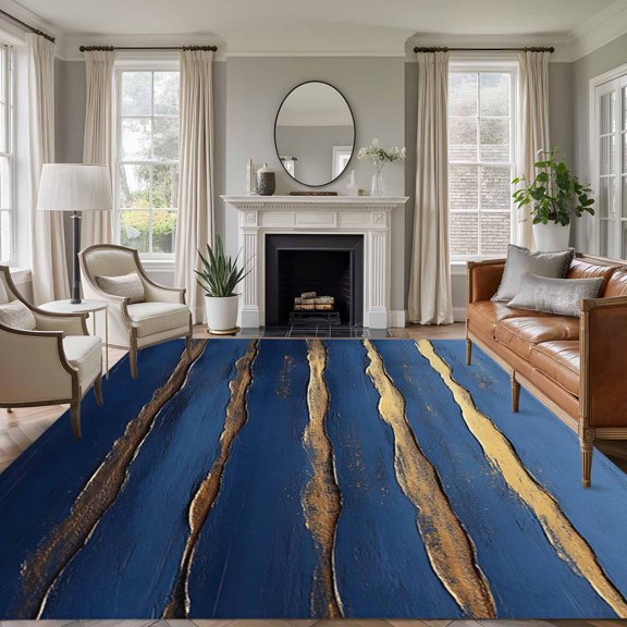 Rectangle Rug 5x7ft Area Rug, Gold Navy Blue Stripes Abstract Sea Wave Area Rugs for Living Room Bedroom, Ocean Water Ripple Floor Mat Non-Slip Non-Shedding Carpet Indoor Accent Rugs