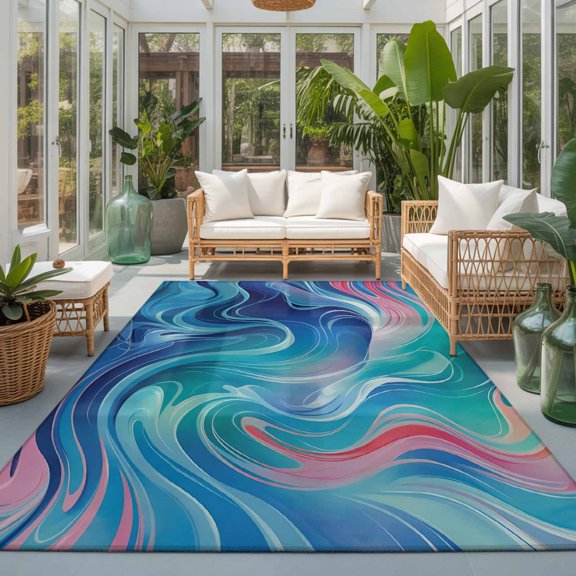 Rectangle Rug 5x7ft Area Rug, Gradient Ocean Blue Pink Waves Area Rugs for Living Room Bedroom, Modern Abstract Style Floor Mat Non-Slip Non-Shedding Carpet Indoor Accent Rugs