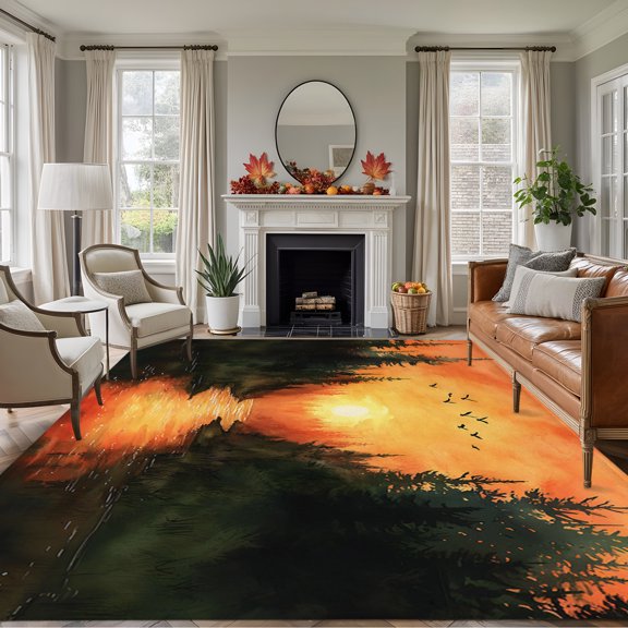 Rectangle Rug 5x7ft Area Rug, Gradient Orange Sky Sunset Area Rugs for Living Room Bedroom, Retro Abstract Forest Floor Mat Non-Slip Non-Shedding Carpet Indoor Accent Rugs