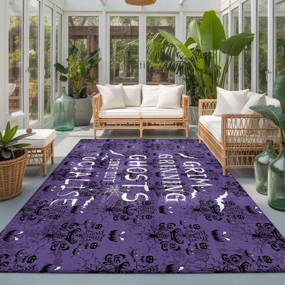 Rectangle Rug 5x7ft Area Rug, Halloween Ghost Haunted Castle Bat Area Rugs for Living Room Bedroom, Abstract Geometric on Purple Floor Mat Non-Slip Non-Shedding Carpet Indoor Accent Rugs