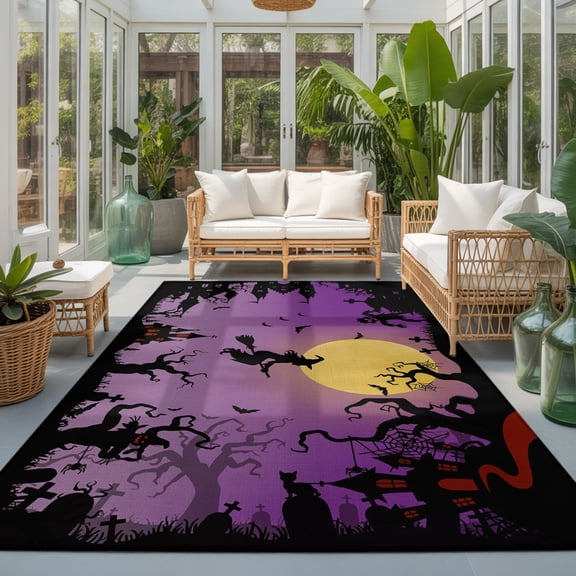 Rectangle Rug 5x7ft Area Rug, Halloween Witch Purple Night Moon Area Rugs for Living Room Bedroom, Dead Trees Haunted House Floor Mat Non-Slip Non-Shedding Carpet Indoor Accent Rugs