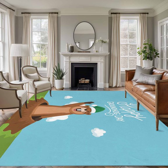 Rectangle Rug 5x7ft Area Rug, Happy Groundhog Day Grass Cloud Sky Area Rugs for Living Room Bedroom, Cartoon Style Floor Mat Non-Slip Non-Shedding Carpet Indoor Accent Rugs