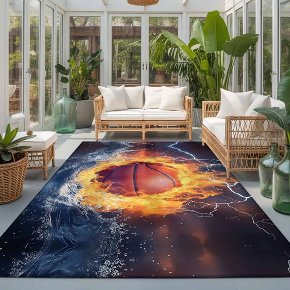 Rectangle Rug 5x7ft Area Rug, Ice Fire Basketball Sport Area Rugs for Living Room Bedroom, Lightning Water Ripple Abstract Art Floor Mat Non-Slip Non-Shedding Carpet Indoor Accent Rugs