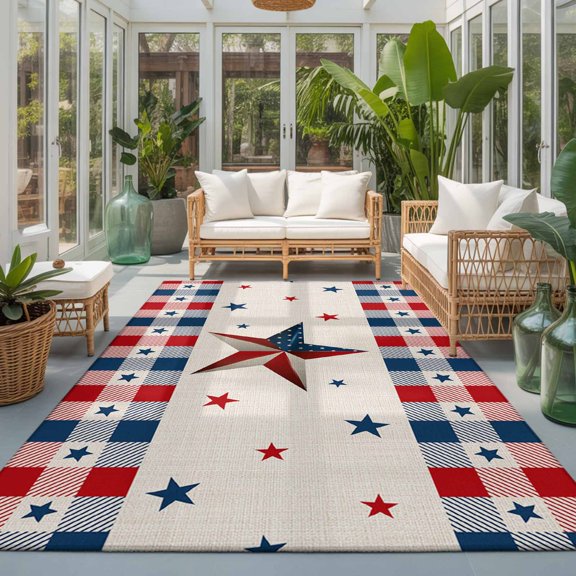 Rectangle Rug 5x7ft Area Rug, Independence Day Flag Star on Cotton Area Rugs for Living Room Bedroom, Buffalo Plaid Border Floor Mat Non-Slip Non-Shedding Carpet Indoor Accent Rugs