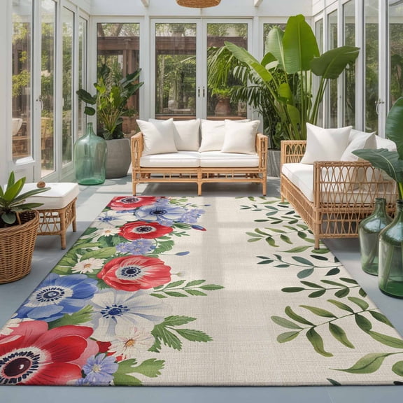 Rectangle Rug 5x7ft Area Rug, Independence Day Red Blue Poppy Area Rugs for Living Room Bedroom, Green Leaves on Linen Floor Mat Non-Slip Non-Shedding Carpet Indoor Accent Rugs