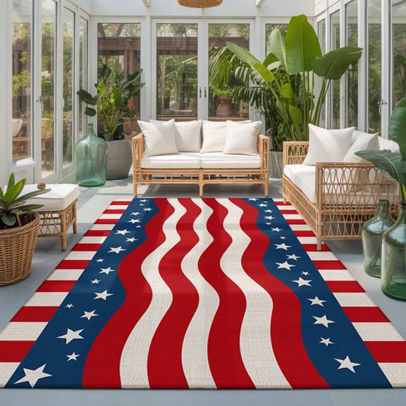 Rectangle Rug 5x7ft Area Rug, Independence Day Red and White Wave Striped Patriotic Star Area Rugs for Living Room Bedroom, Blue Floor Mat Non-Slip Non-Shedding Carpet Indoor Accent Rugs