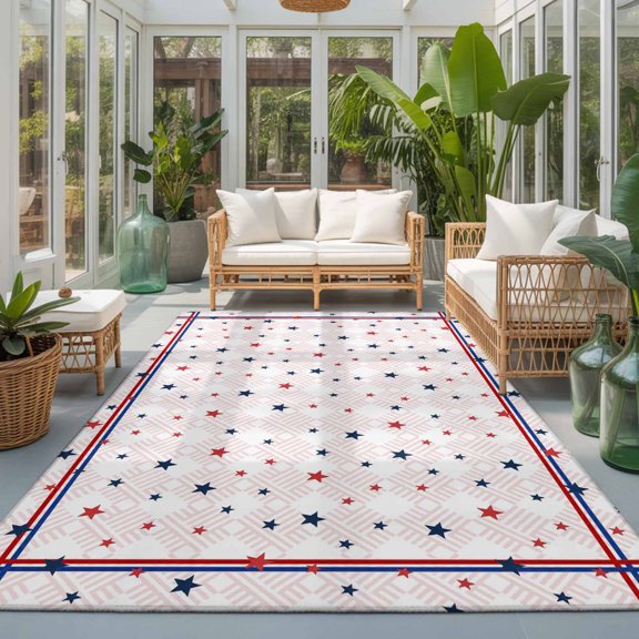 Rectangle Rug 5x7ft Area Rug, Independence Day Stars Stripes Area Rugs for Living Room Bedroom, Patriotic Theme Red Blue Floor Mat Non-Slip Non-Shedding Carpet Indoor Accent Rugs