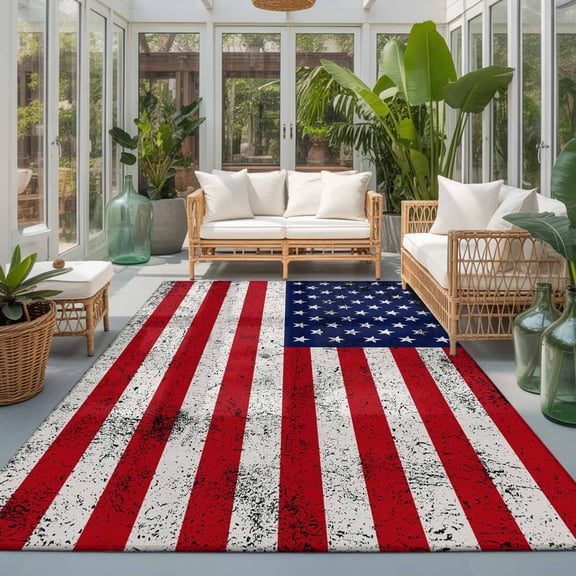 Rectangle Rug 5x7ft Area Rug, Independence Day Stars Stripes Retro Area Rugs for Living Room Bedroom, Patriotic Flag Red Blue Floor Mat Non-Slip Non-Shedding Carpet Indoor Accent Rugs
