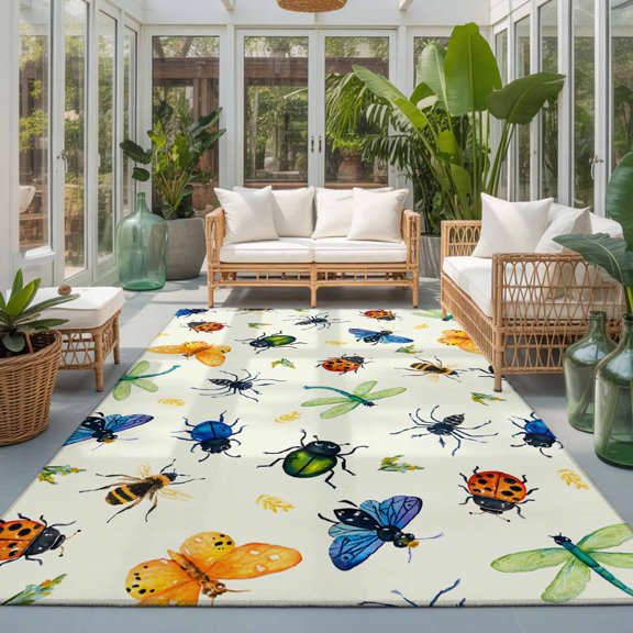 Rectangle Rug 5x7ft Area Rug, Insects Ladybirds Spiders Area Rugs for Living Room Bedroom, Dragonflies Butterflies Floor Mat Non-Slip Non-Shedding Carpet Indoor Accent Rugs